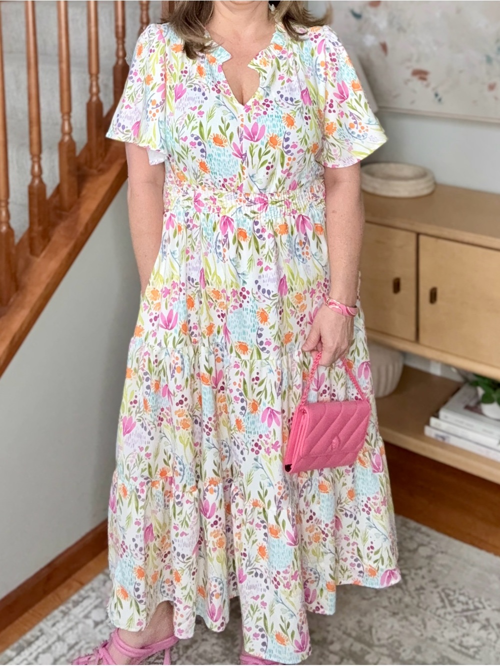 Floral Tiered Midi Dress in Multi-Color